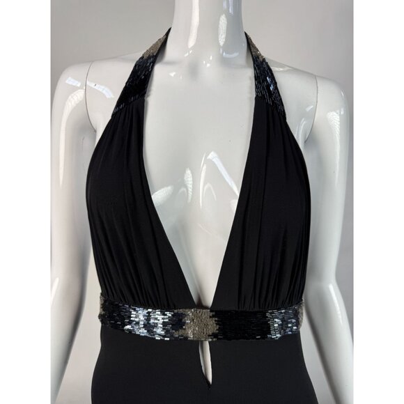 BCBG Max Azria Black Halter Dress W/Beaded Jersey Large Made In China - Picture 2 of 16